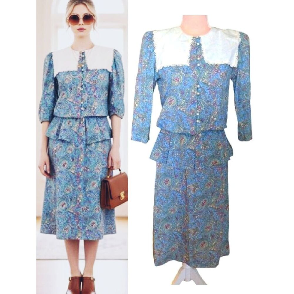 VTG 70s Blue Floral Paisley Qrtr Sleeve Peplum Cottagecore Midi Dress SZ 6